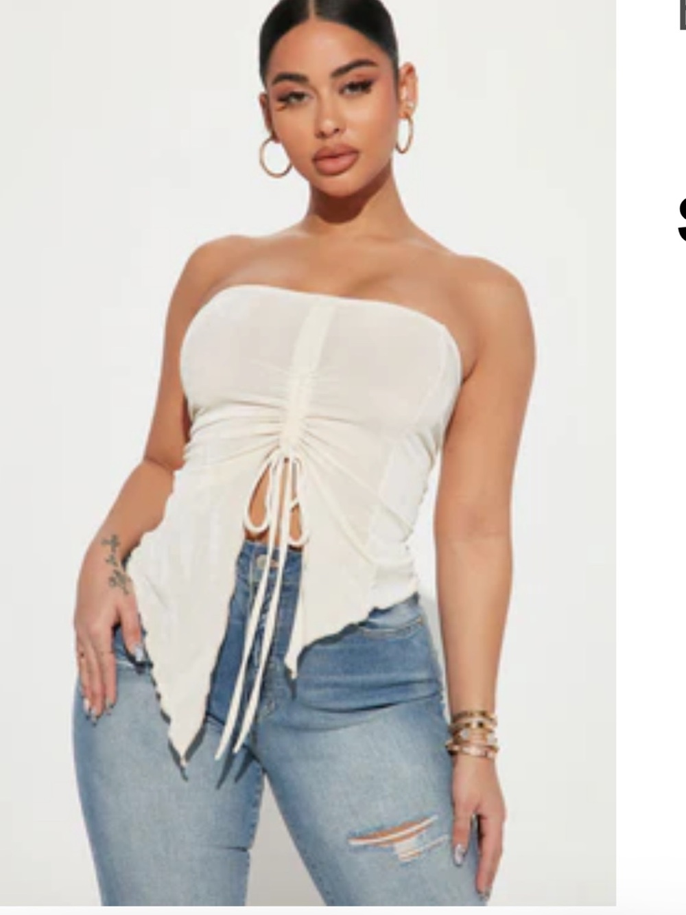 Fashion Nova Strapless Ruched Drawstring Camisole in Cream